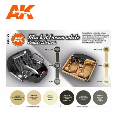 AK Interactive 3rd Gen Acrylics Paint set - Black & Cream White Vehicle Interiors - Image 2
