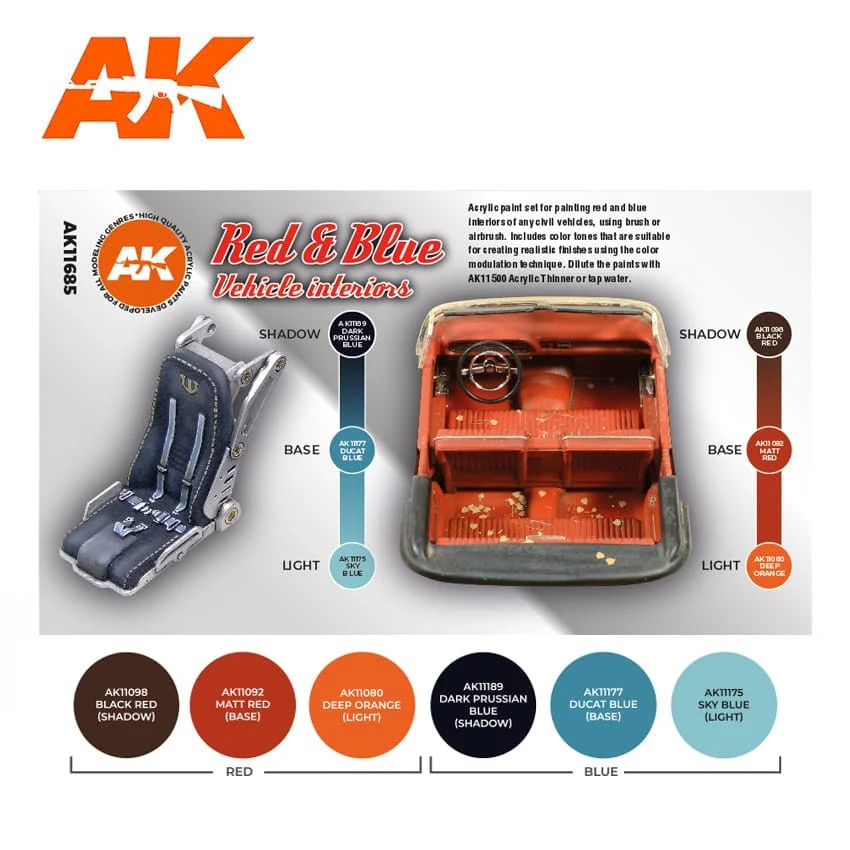 AK Interactive 3rd Gen Acrylics Paint set - Red & Blue Vehicle Interiors - Image 2