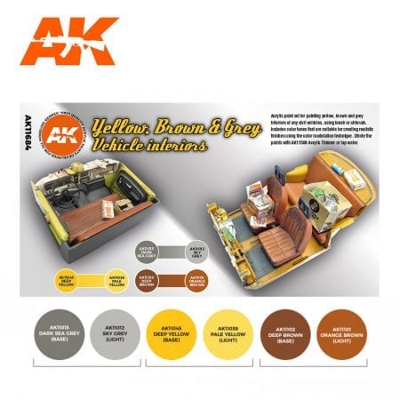 AK Interactive 3rd Gen Acrylics Paint set - Yellow, Brown & Grey Vehicle Interiors - Image 2